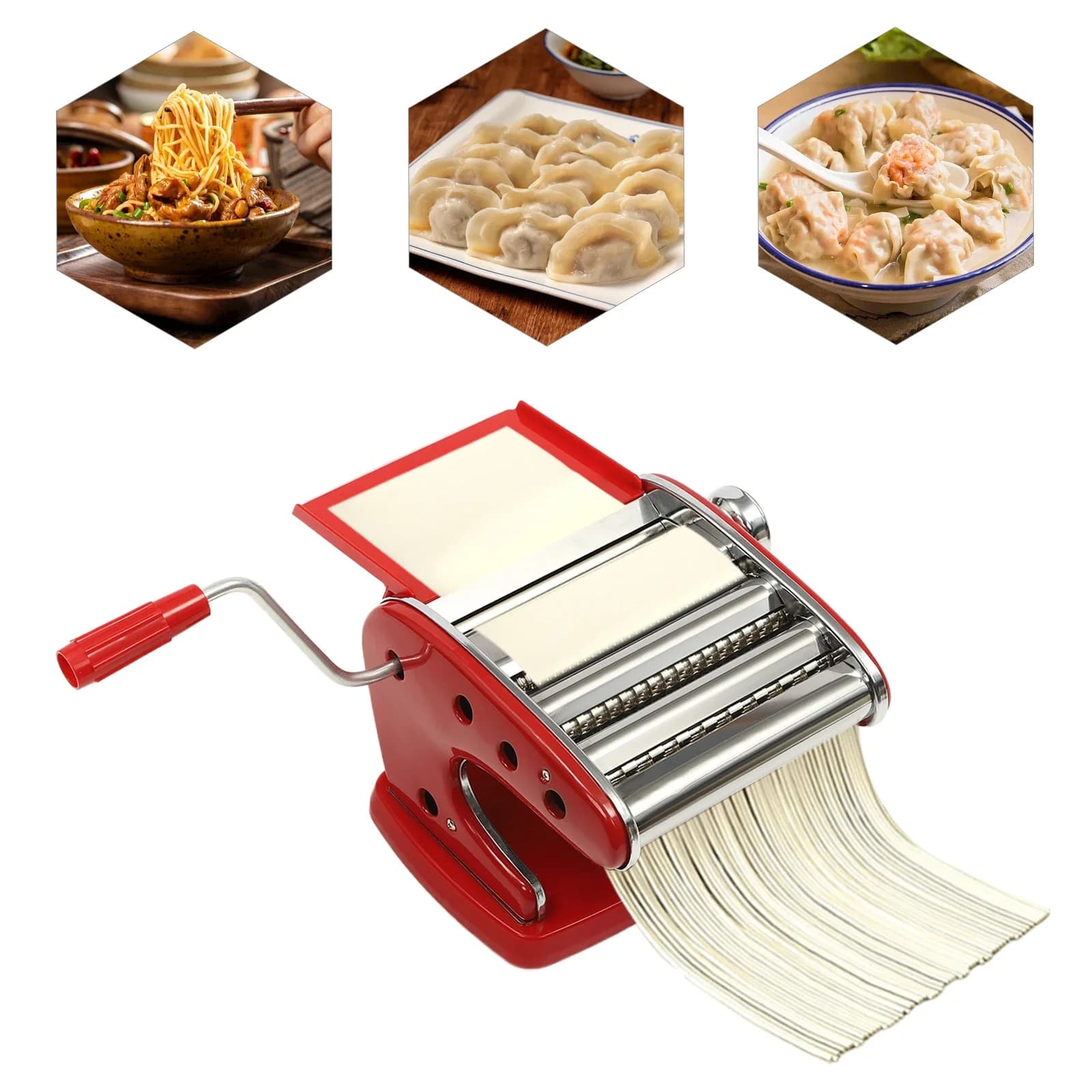 Macchina per pasta, macchina per noodle manuale con 3 lame, 6 spessore regolabili, acciaio inossidabile rosso, impugnatura ergonomica,
