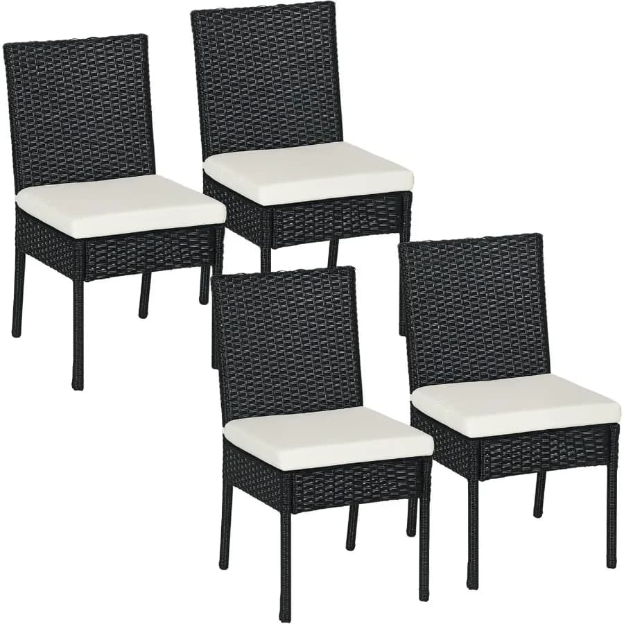 Outsunny 4 Outdoor rattan PE dining chairs with pillows Dining chairs in patio wickers with porch backs, terrace, garden, black