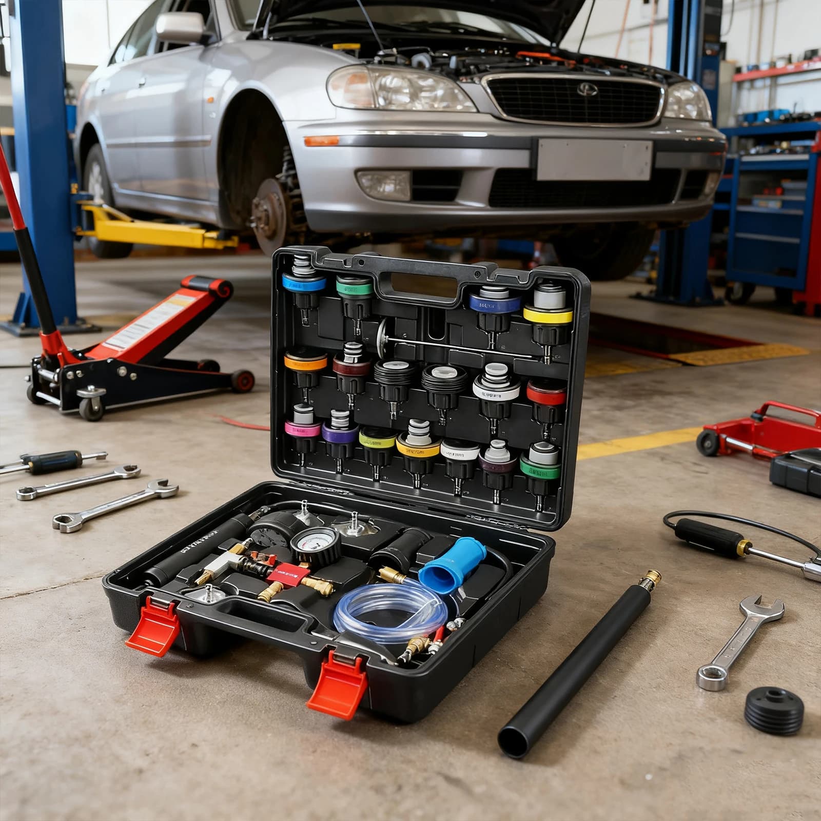 Kit Tester Pressione Radiatore e Strumento di Riempimento Vuoto Liquido Refrigerante per Auto, Moto, Camion