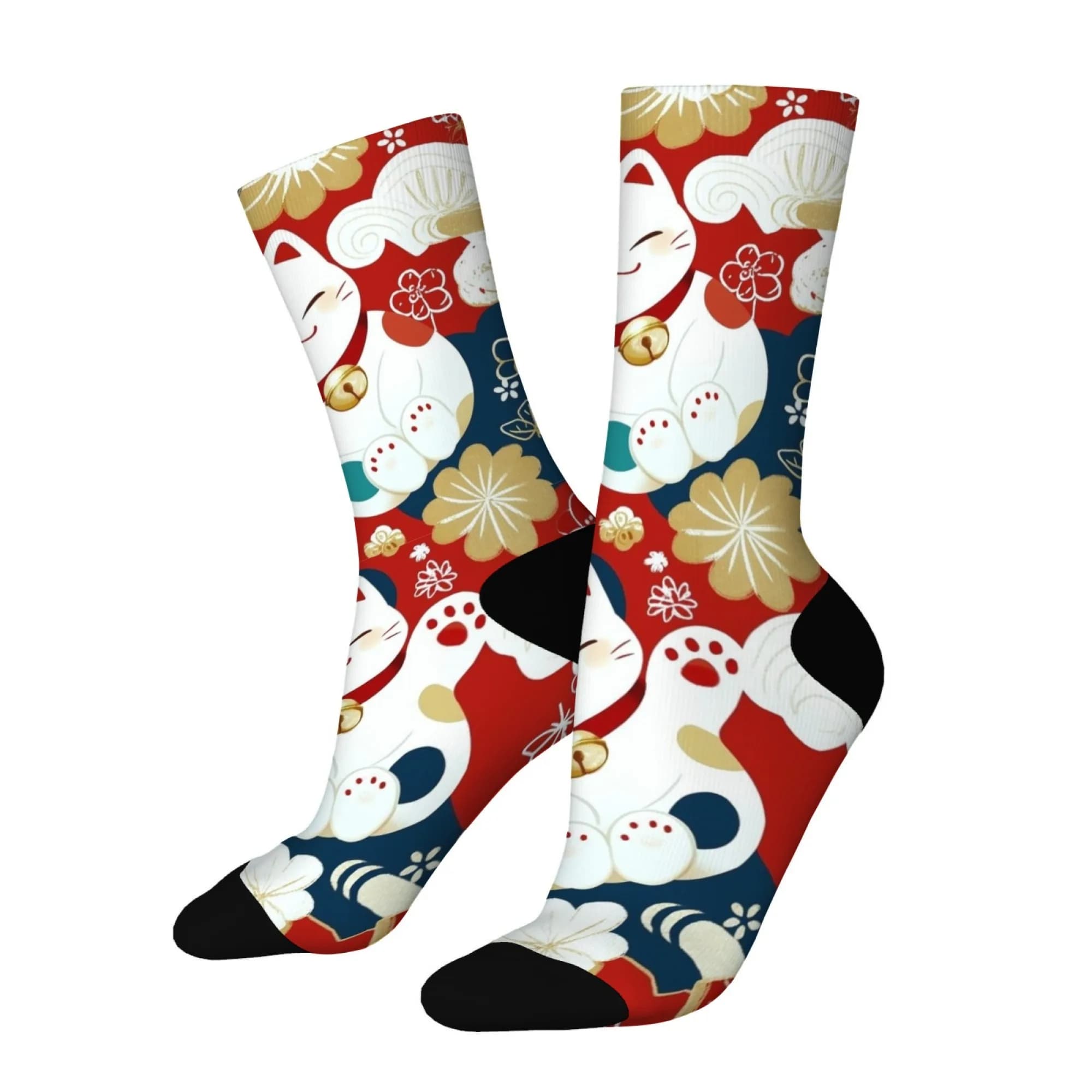 Calzini unisex Good Luck Charm con stampa all over Maneki Neko con monete d'oro Calzini morbidi ed elasticizzati a mezza equipaggio per cercatori di fortuna