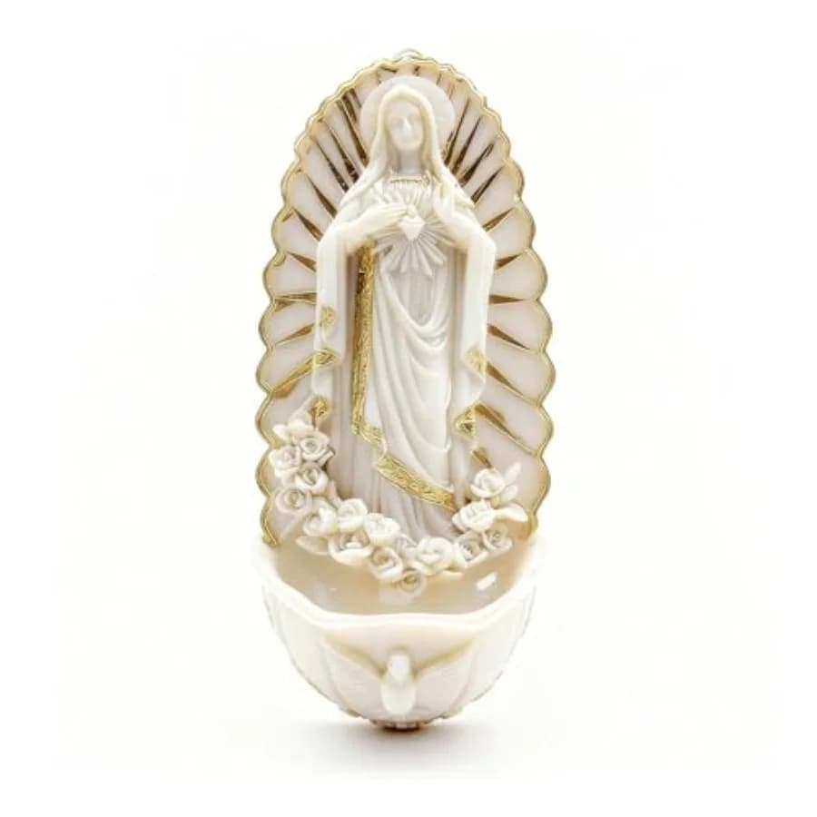 Sacred Heart Holy Water Font Wall Mount, Resin Catholic Holde Premium Resin, Antique Ivory Color, Leak-Proof Basin, Water and K