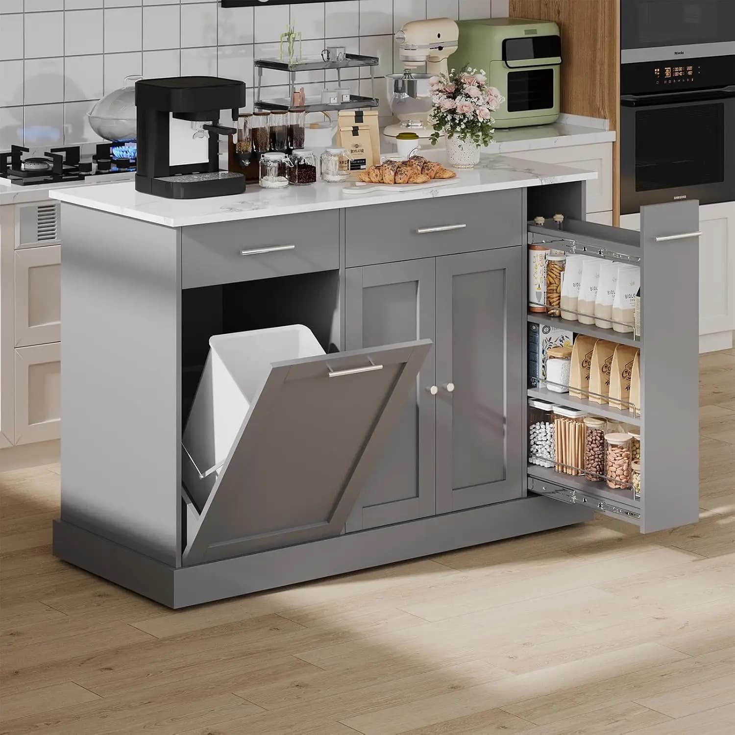 Carrello da Cucina Grigio con Isola, Contenitore per Rifiuti, Porta Spezie e Porta Asciugamani, Piano in Marmo, Personalizzabile