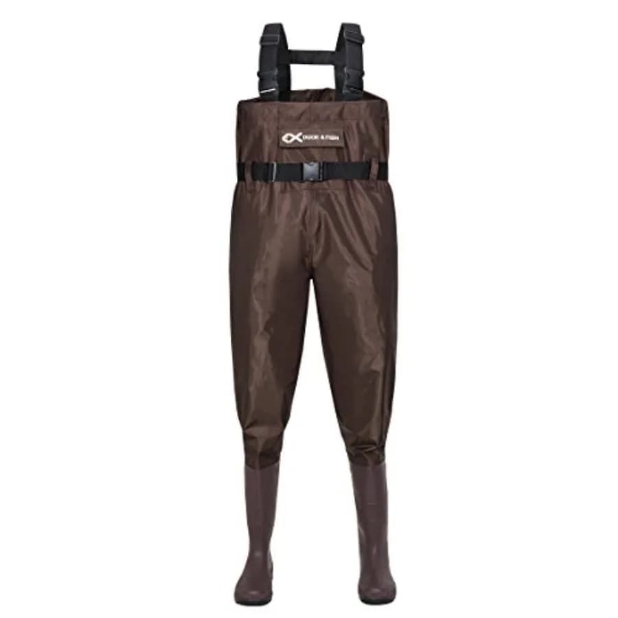 Stivali da pesca marroni Duck and Fish con suola antiscivolo e cintura in vita per la pesca in ambienti umidi, in neoprene, colore marrone, rinforzati