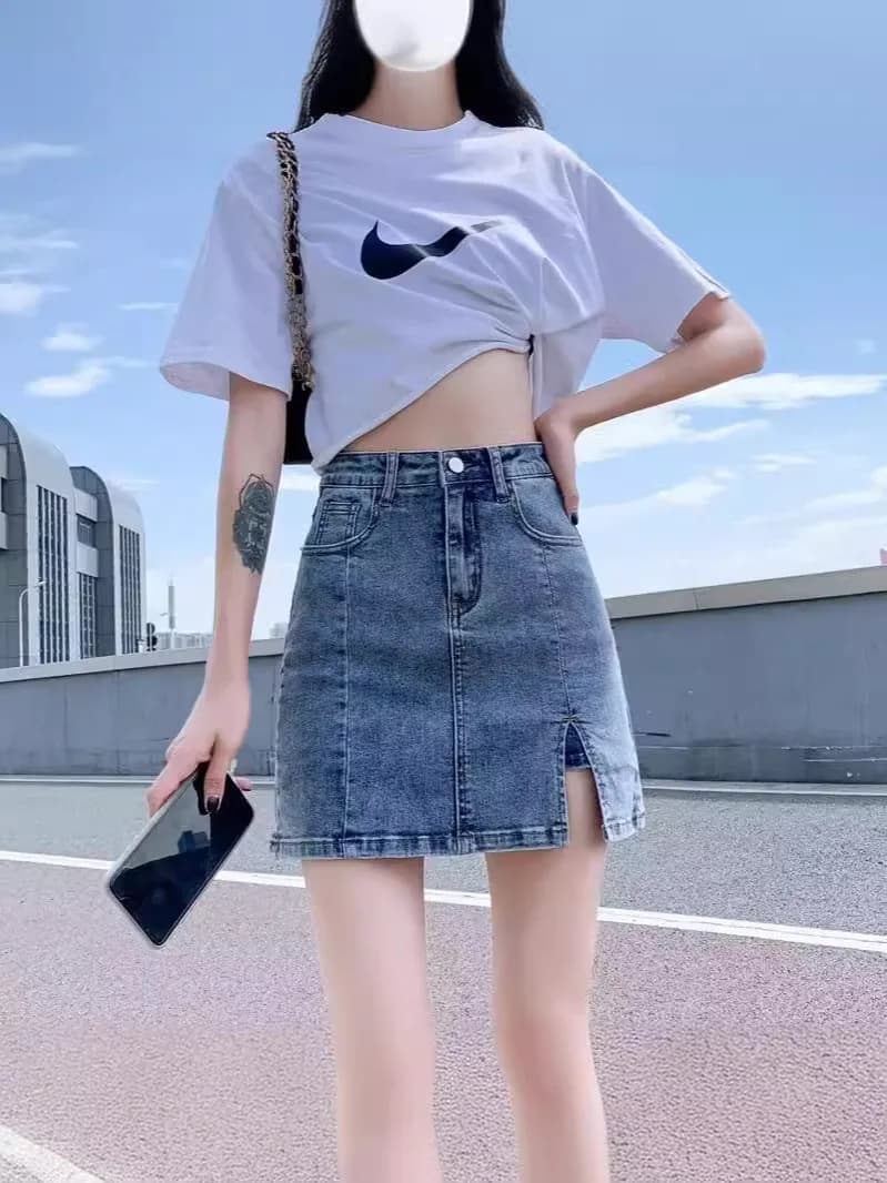 Minigonna in denim elasticizzato a vita alta da donna, modello A-line, aderente, con pantaloncini interni anti-trasparenza, sexy, tinta unita, in poliestere.