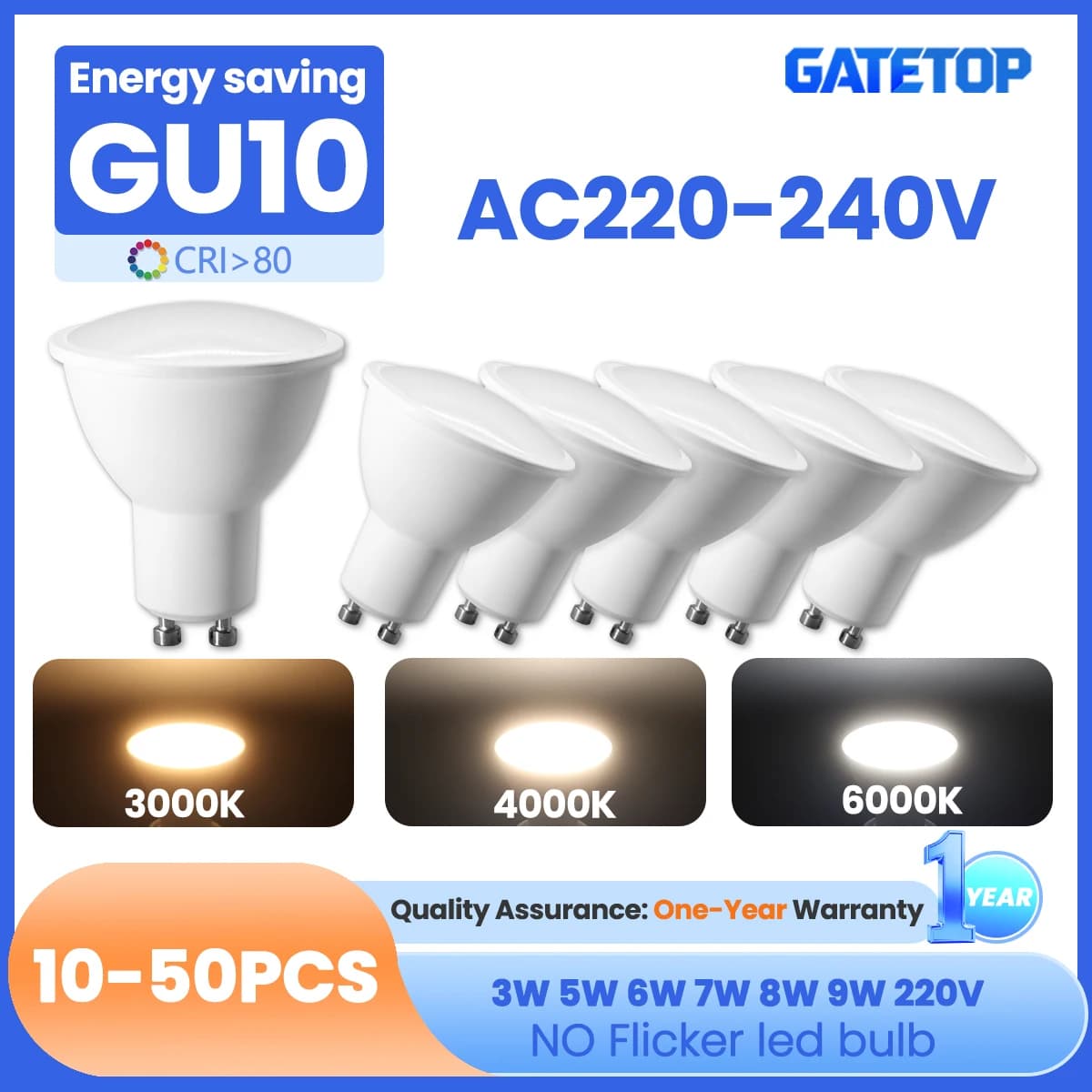 10-50PCS Faretto LED GU10 Lampadina 3W 5W 6W 7W 8W 9W AC220-240V Luce diurna Sostituisci 50W Lampada alogena Adatta per lampadari luci