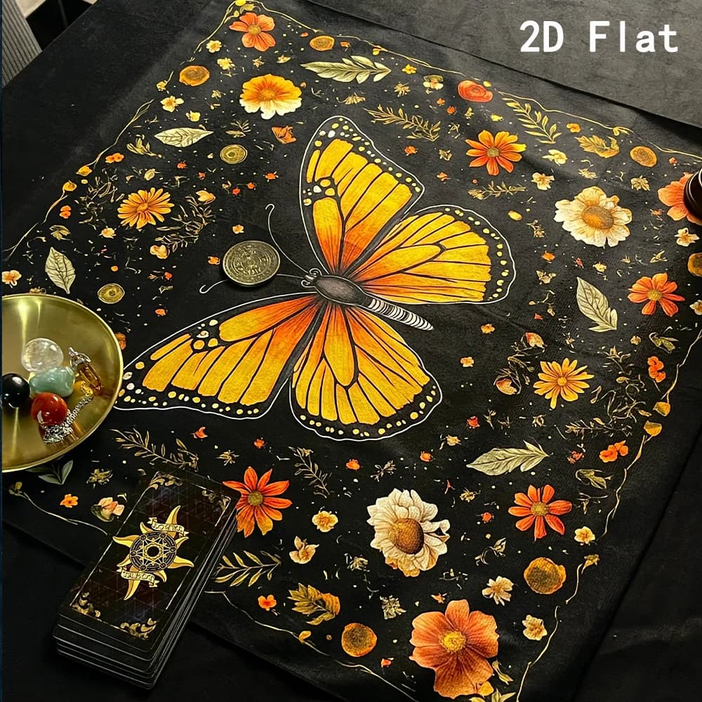 Yellow Butterfly Moon Phase Floral Tarot Card Tablecloth Altar Cloth Witchcraft Astrology Oracle Divination Cloth Home Decor