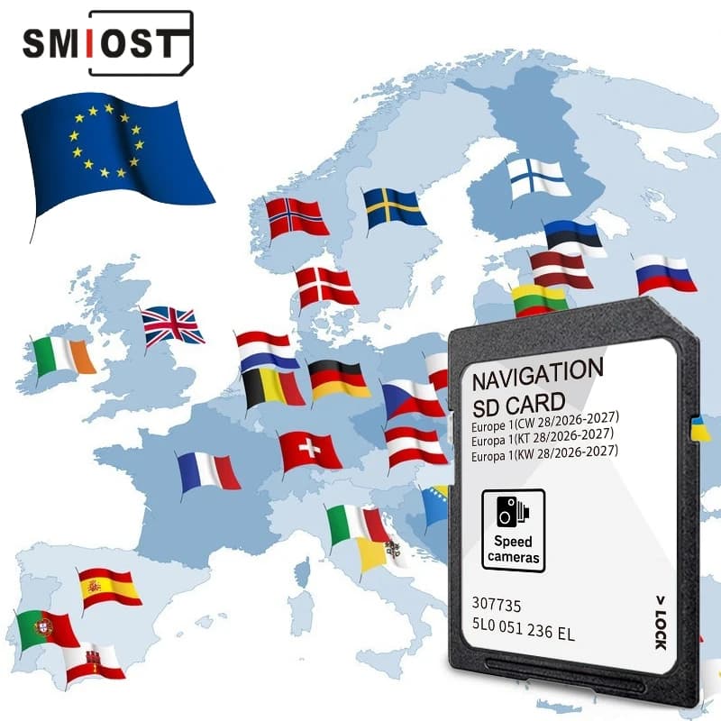 Scheda di Memoria SD SMIOST 32GB con Mappe Aggiornate per GPS UK ed Europa, Compatibile con Skoda Octavia, Superb, Yeti, Kodiaq, Karoq