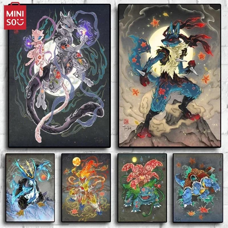 Illustrazioni in stile Ukiyoe Poster Pokemon Figure anime classiche Lucario Opere d'arte su tela Pittura Camera da letto per bambini Dicembre