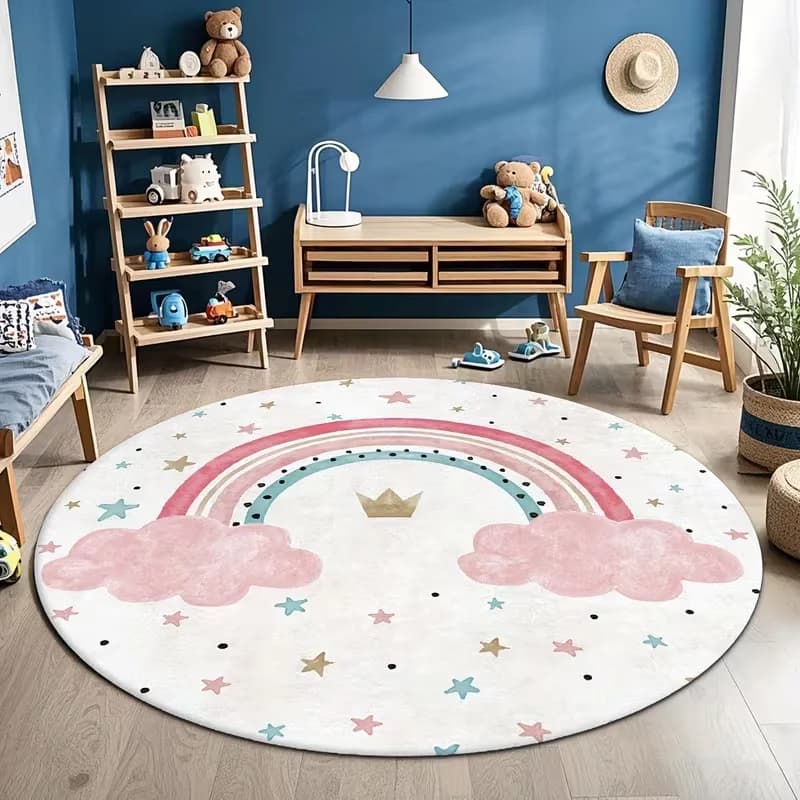 Tappeto Casual Rotondo con Motivo Nuvola Rosa e Corona Arcobaleno, Tappeto per Arredamento Casa, Abbinabile a Tavoli e Sedie