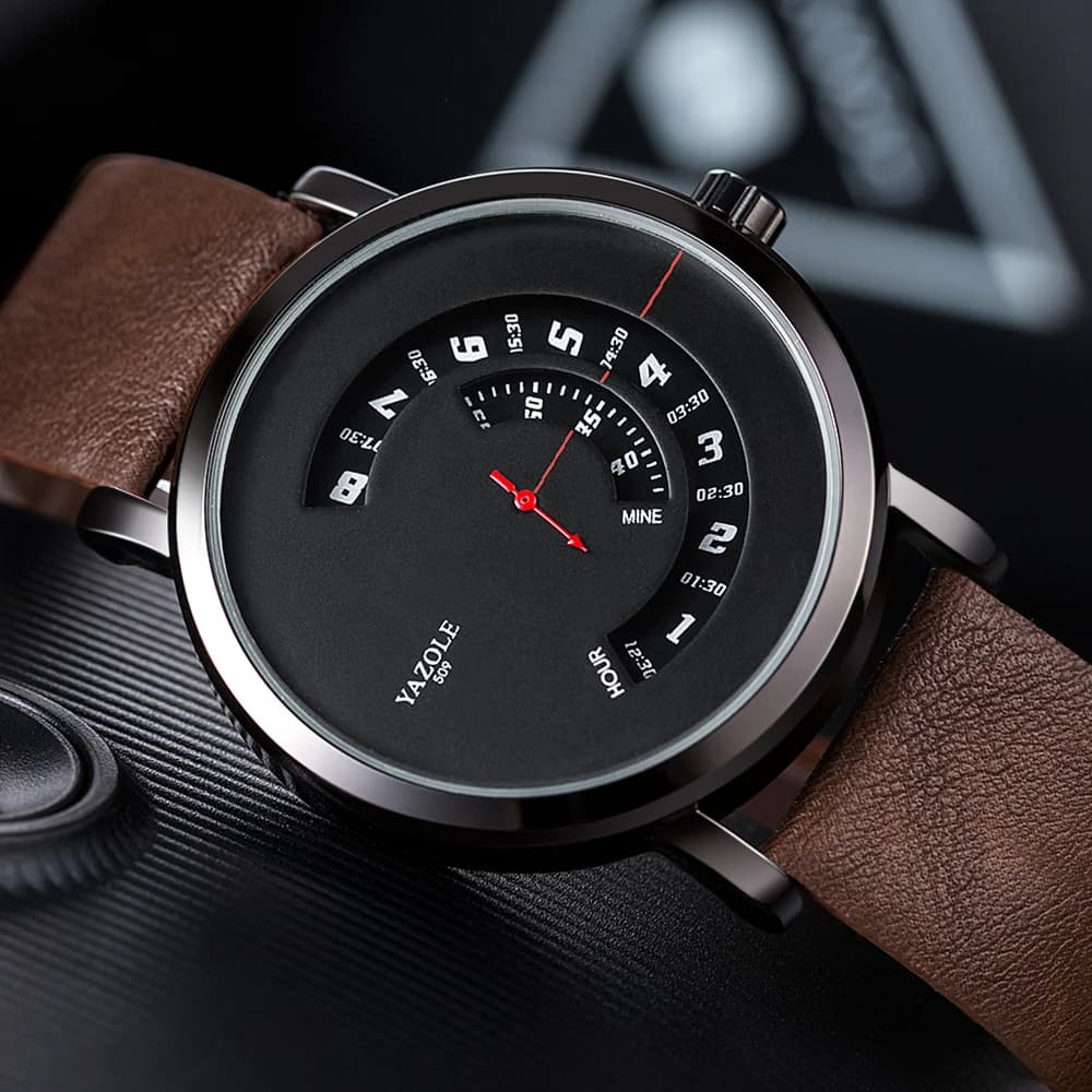 Men's Watch Simple Fashionable turntable Fashionable leather watches Black Strap Quartz Wrist Watch Men's Fashion Gift