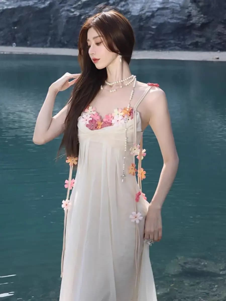 Summer 2026 New Holiday Style Small Size Rose Flower Strap Dress Women's Summer Beautiful Floral Skirt A-Line Silhouette Casu...
