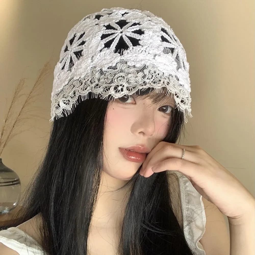 NEW Lace Trim Beanies Cap Breathable Hollowed Out Skullies Hat Handmade Thin Summer Headwear