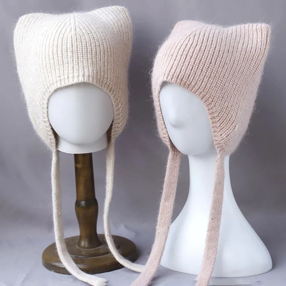 Winter New Cute ear protection warm hat Women Cat ears rabbit fur knitted Beanies Fashionable balaclava Hats