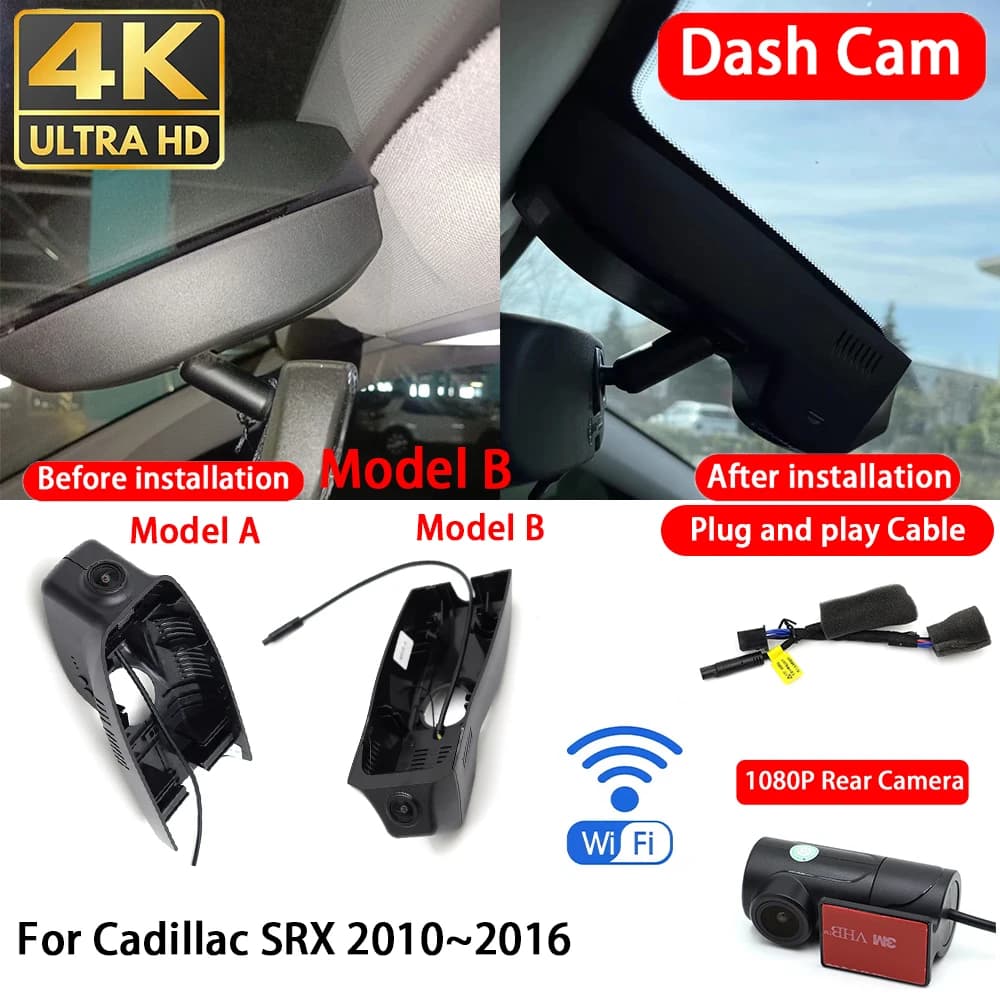 for Cadillac SRX 2010~2016 4K Dash Cam Front Rear Car Camera DVR Wifi Plug & Play Video Recorder Loop Recording Night Vision