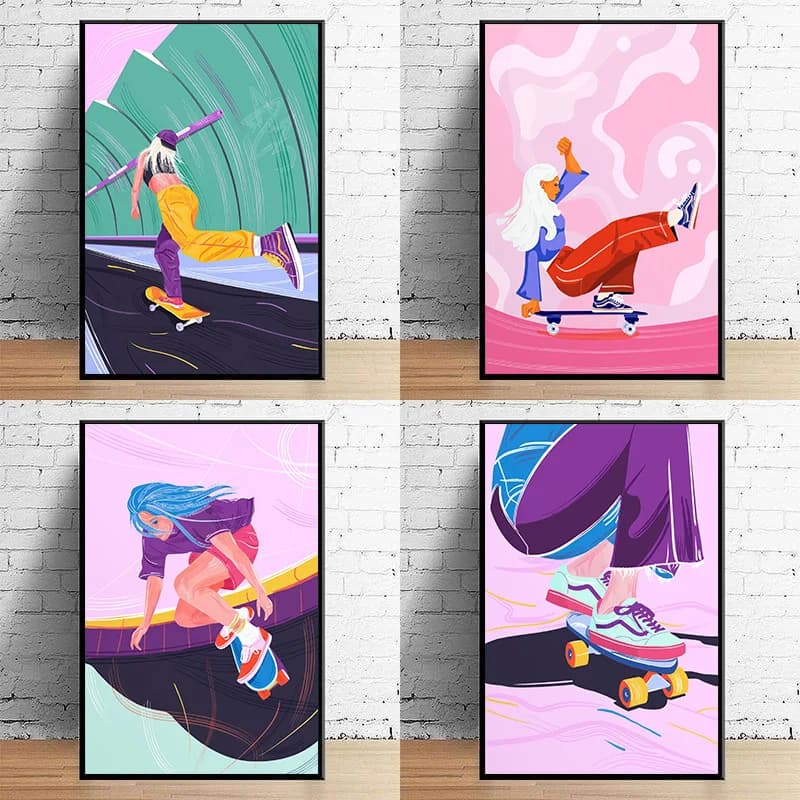 Beautiful Rainbow Skateboard Skater Girl Colorful Poster Print Wall Art Pictures Canvas Painting Room Bedroom Home Decor Gift