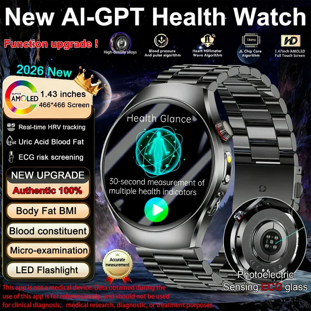 New smart health watch, SOS emergency call, one-touch micro check-up, flashlight, AMOLED HD screen, wireless calling