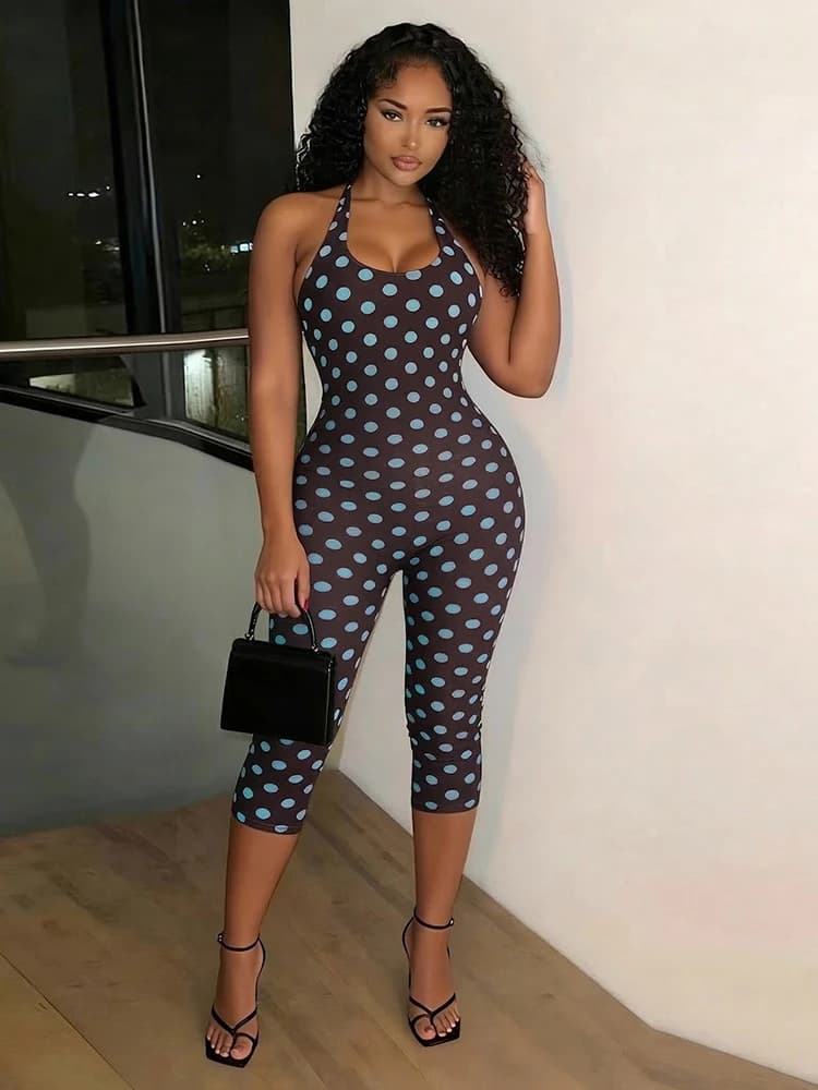 Kliou Tute intere da donna con stampa a pois, con bendaggio, scollo all'americana, senza schienale, senza maniche, aderenti, con effetto push-up sui fianchi, sexy, alla moda, per ragazze, stile street