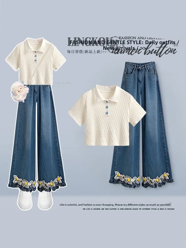 Anti-Aging Summer New Women's College Style Short Sleeve T-Shirt And Wide Leg Jeans Two-Piece Set Casual Fashion Korean Trend