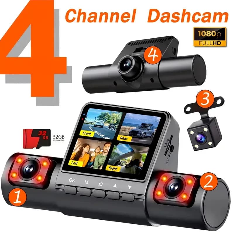4 Lens Car Dash Camera 1080P Full HD Front Inside Rear Video Recorder Dashboard Cam Dual Loop Recording G Sensor Wide Angle Parking Monitor Night Vision PC Laptop Video Playback Compatible Auto Security