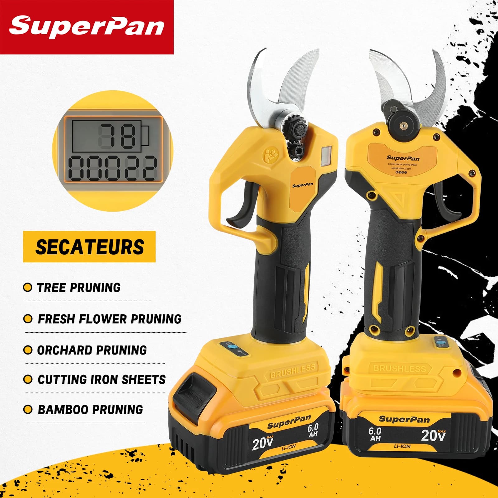 High cutting capacity of 2.5 cm | Electric pruning scissors without brushes SuperPan 20V, 120 cuts/min Effort saving