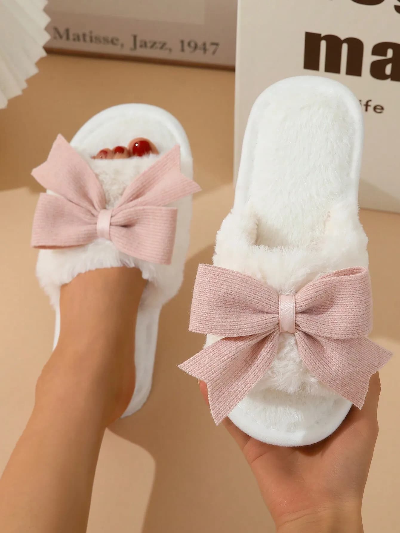 Women's Spring And Autumn Comfortable Open Toe Slippers With Bowknot, Winter Warm Plush Home Slippers For Indoor Use,Furry Shoes,Christmas,Fluffy Slippers