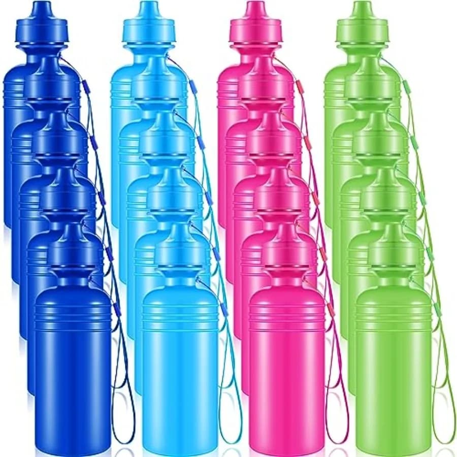 20 Pack Bulk Water Bottles for 18 oz Plastic Sports Water Bottle Reusable Squeeze Neon Color with Nylon Strap Back to School Su