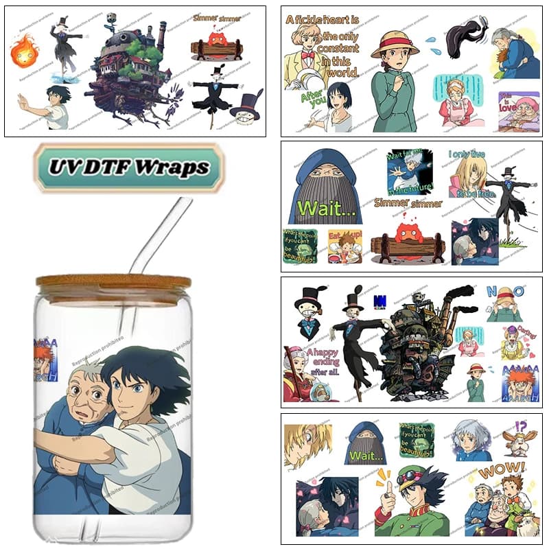 Adesivi per Tazze UV DTF da 16oz dell'Anime Giapponese Il Castello Animato di Howl, Decorazioni per Tazze, Lattine di Birra, Bottiglie con Motivi Personalizzati