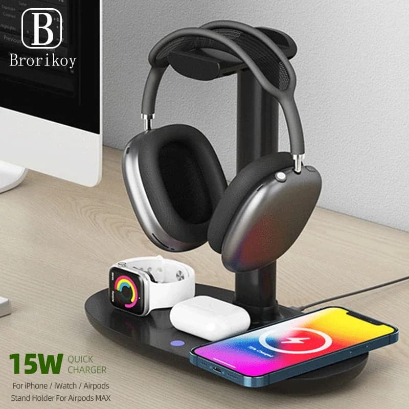 Caricatore Wireless 4 in 1 da 15W con Supporto per iPhone 13 12 Pro X XS Max XR 8, Airpods Pro, Apple Watch e Cuffie