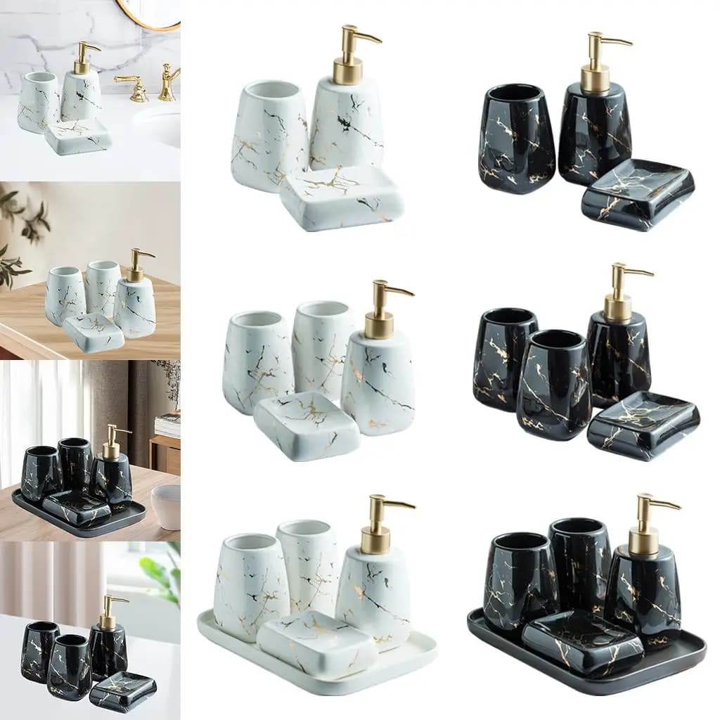 Set di accessori da bagno Portasapone per dispenser di lozioni con motivo in marmo ceramico Ottimo