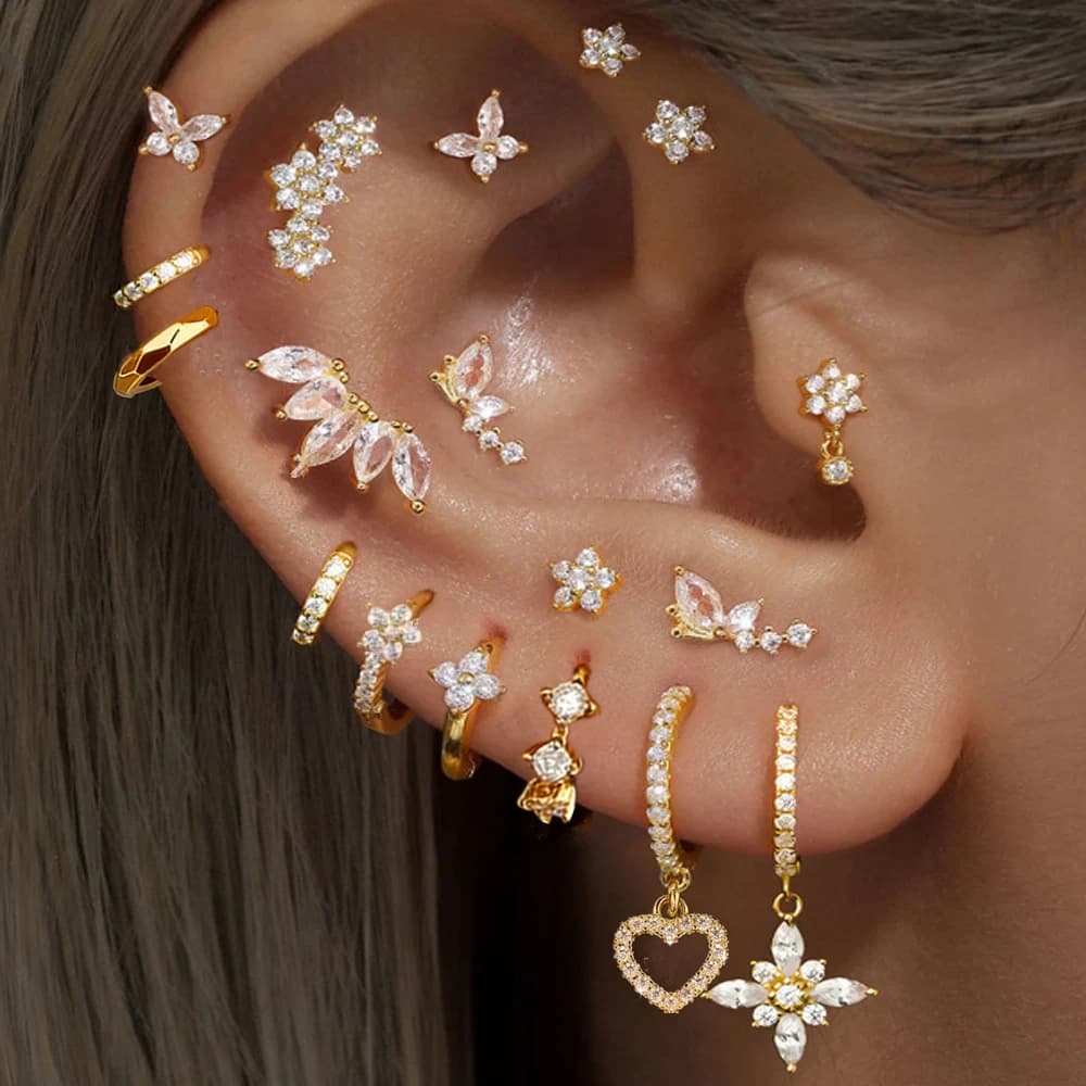 2PC Butterlfy Tragus Stud Earring Star Dangle Earrings For Women Sparkling Zircons Geometric Ear Piercing Fashion Jewelry Aretes