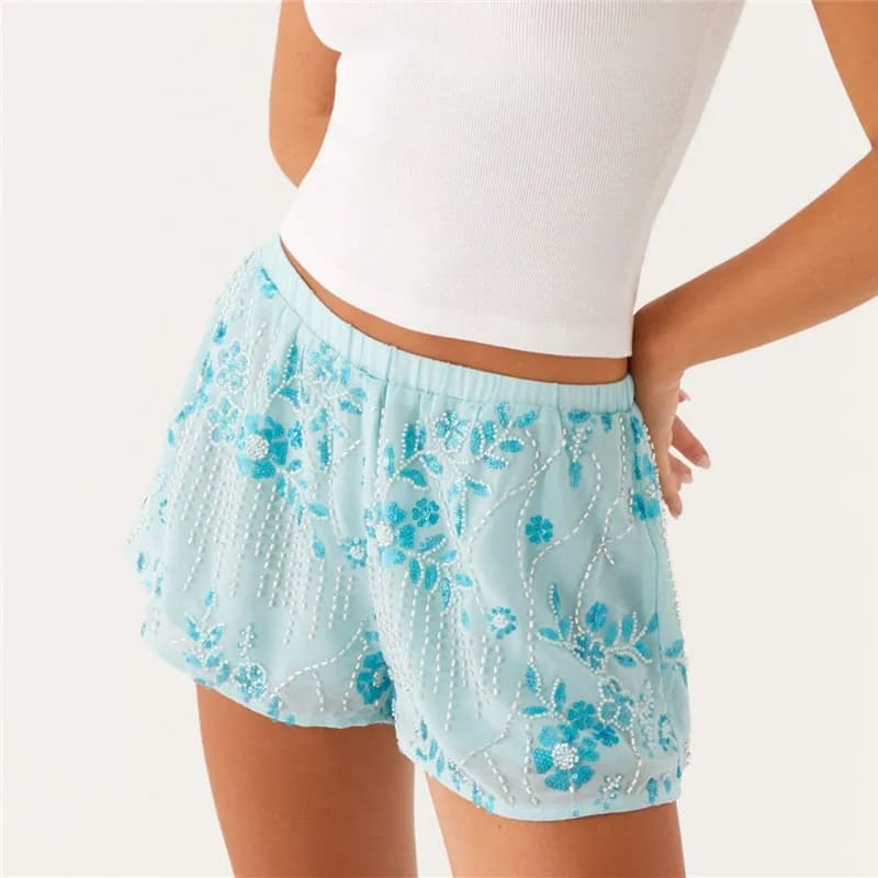 Mini pantaloncini da donna con paillettes scintillanti e perline Y2k Pantaloni con perle a vita bassa Pantaloni estivi con strass glitterati
