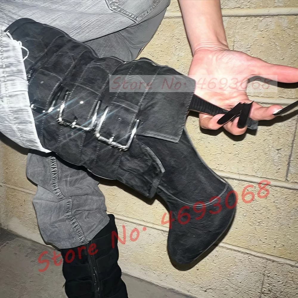 Stivaletti Neri con Cinturino e Fibbia, Tacco a Spillo, Punta Tonda, Stile Punk, in Camoscio, Eleganti Scarpe da Donna per Streetwear