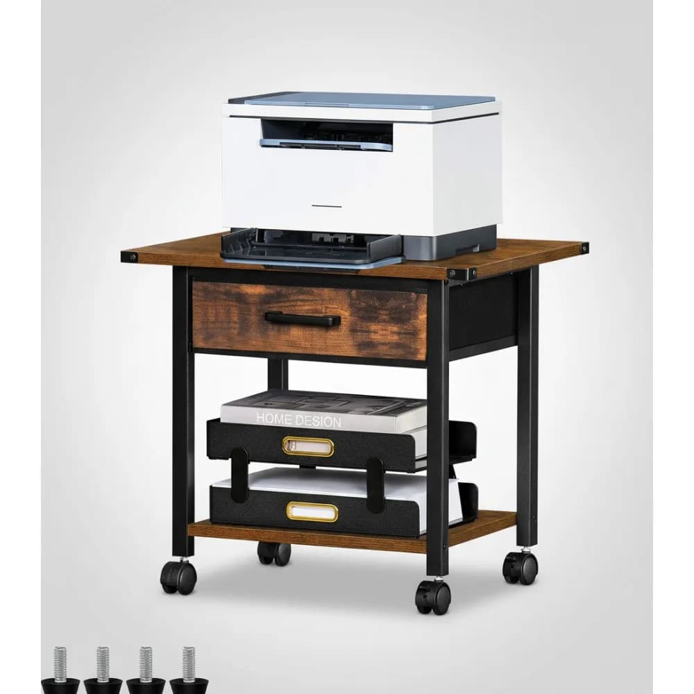 Supporto per stampante a 2 livelli con ruote bloccabili, cassetto portaoggetti e ripiano - Organizzatore da scrivania mobile per l'home office