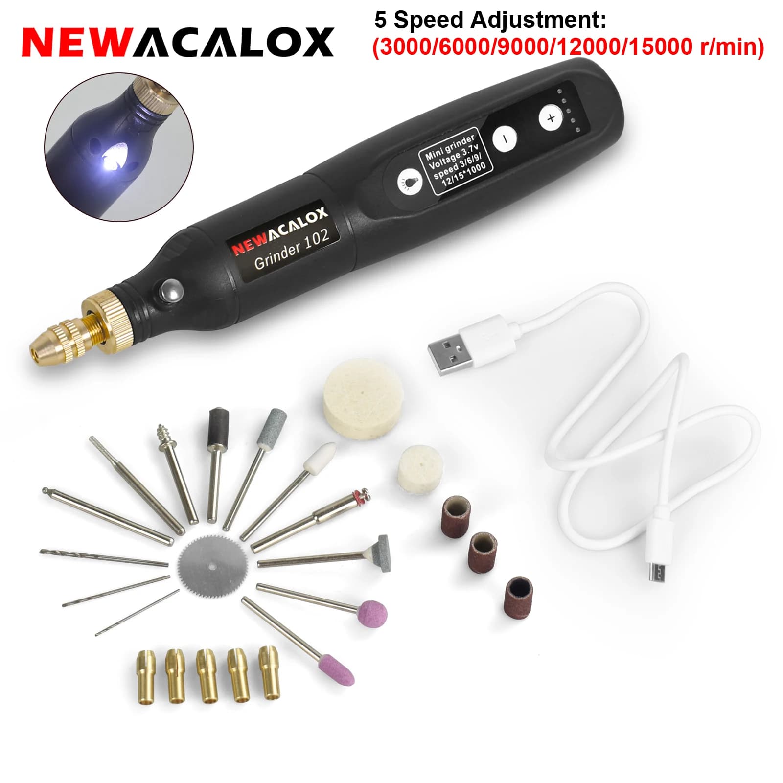 NEWACALOX Cordless Rotary Tool with 5 Variable Speed & 3.7V USB Charging Engraving Rotary Tool for Engraving, Sanding, Polishing