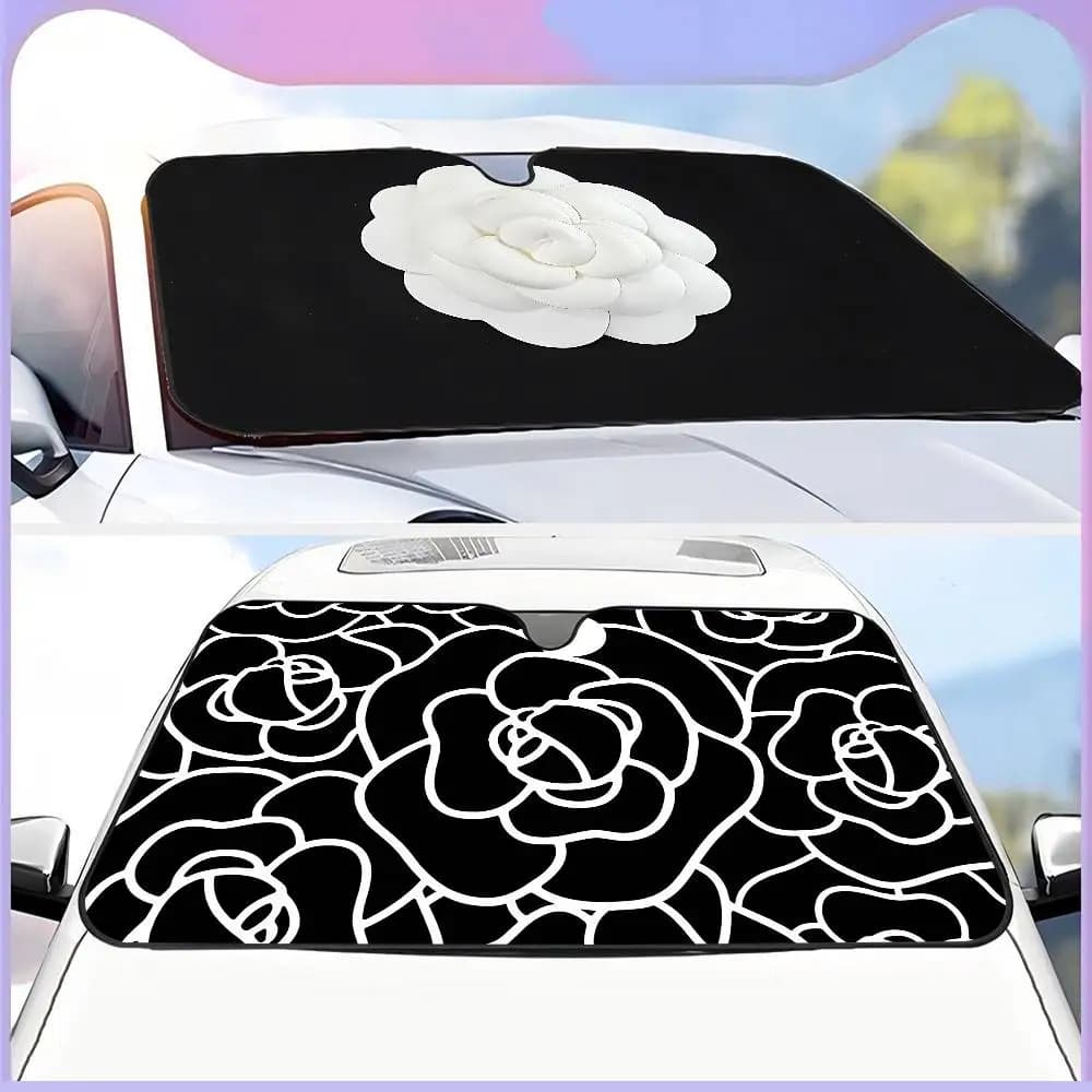 Protezione solare per auto con motivo camelia in bianco e nero Parabrezza riscaldato Parasole per finestrino dell'auto Copertura per parabrezza Sole