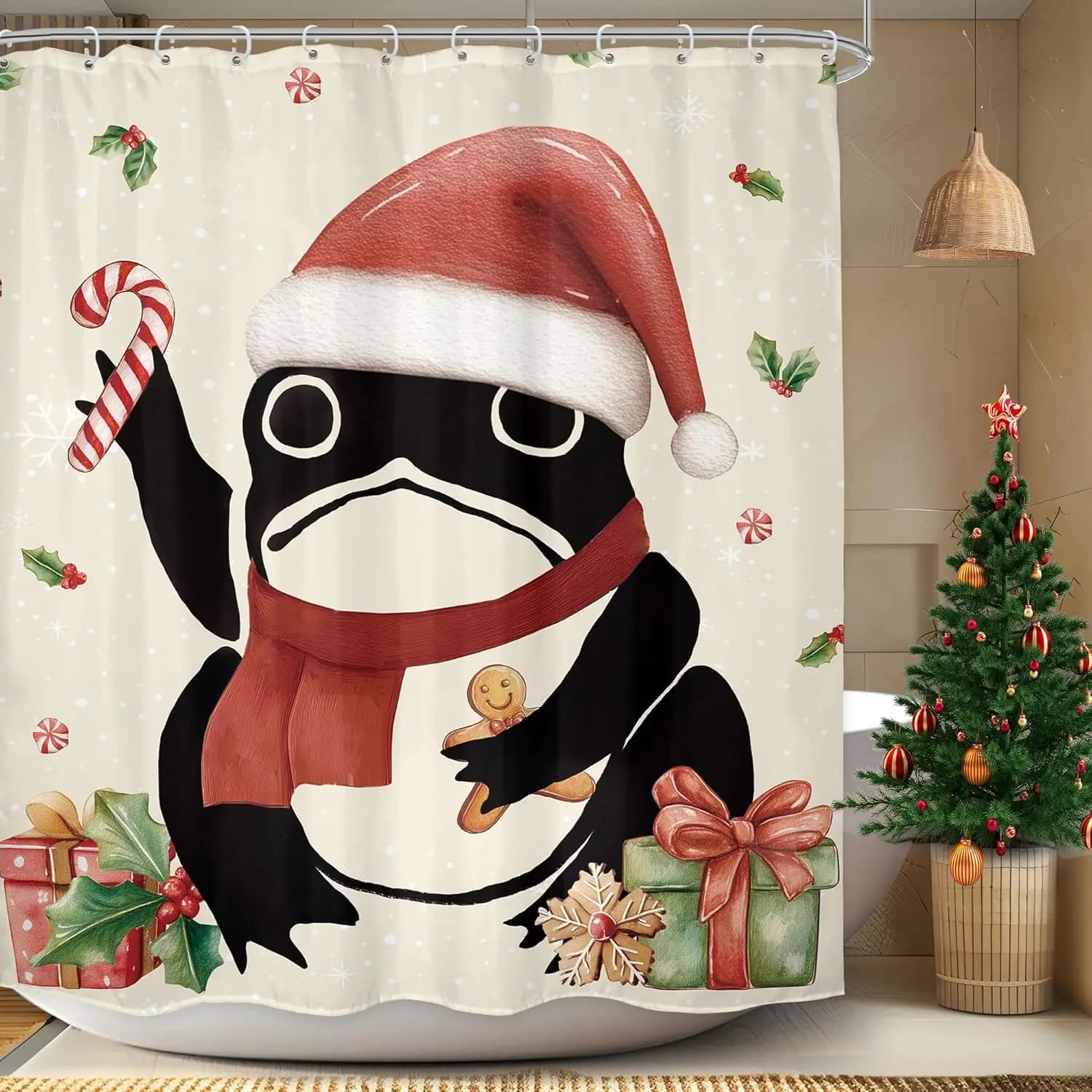 Christmas penguin shower curtain, festive decoration for bathroom, Santa Claus hat, scarf, sugar stick, gingerbread gift box, Christmas theme