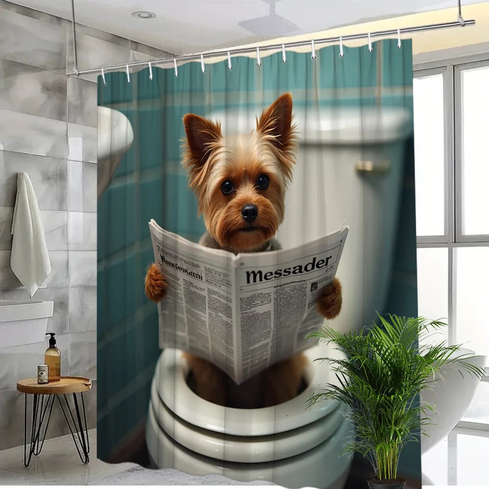 Funny Realistic Yorkshire Terrier Reading Newspaper On Toilet Print Shower Curtain Waterproof Mildew Resistant Polyester With 12
