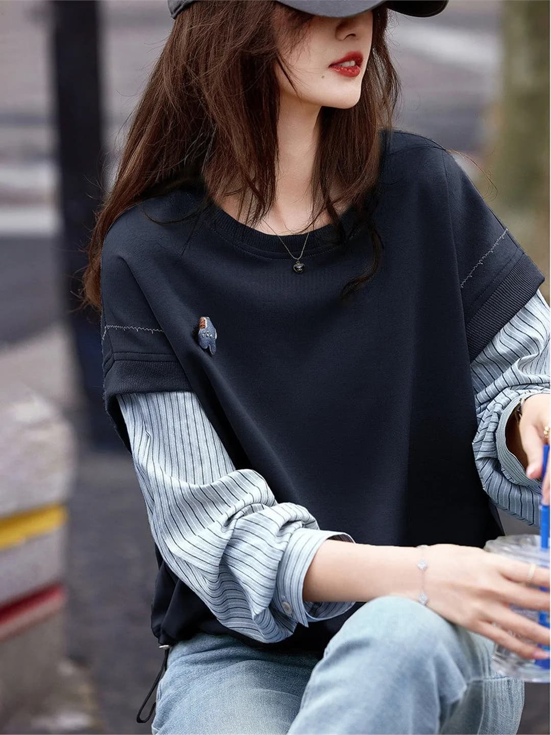 Slimming Effectiveness O-Neck Splice Sweatshirt Spring Fashionable Label Oule round Neck Fake Two-Piece Hoodie Women's Casual...