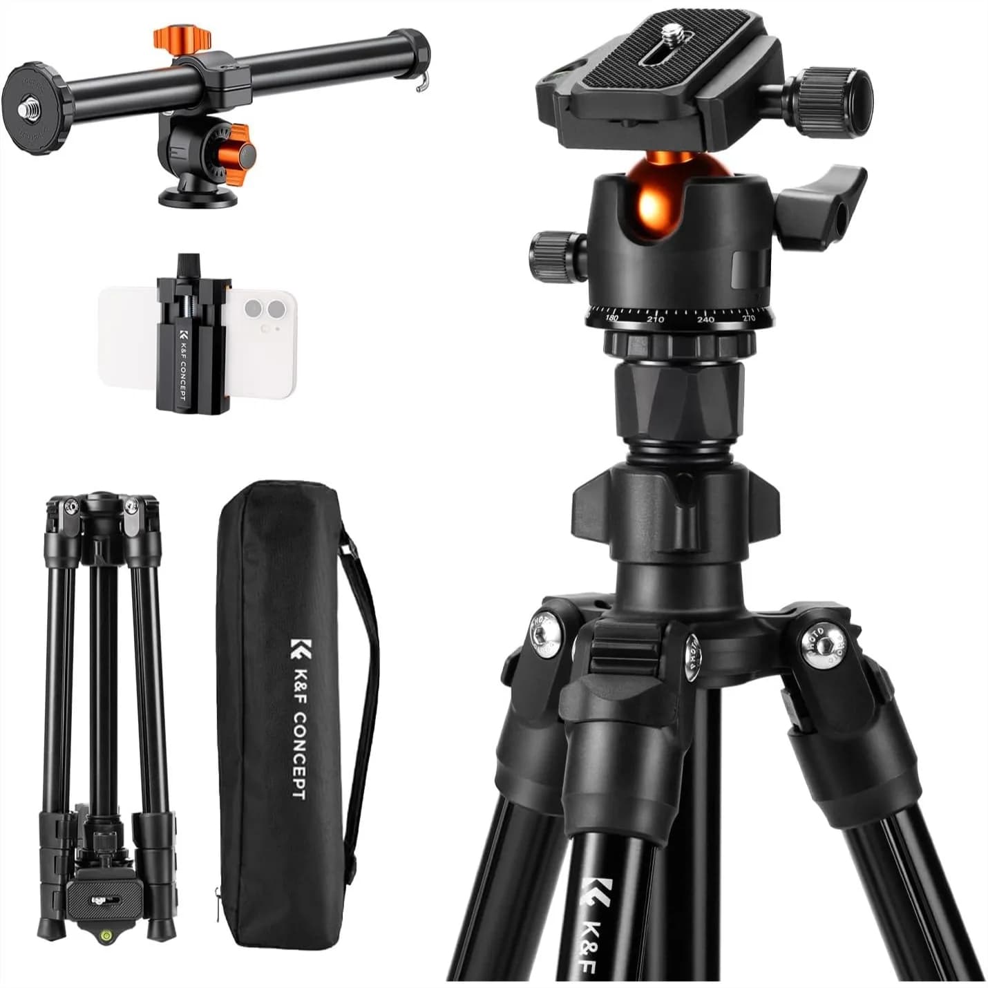 Treppiede per Fotocamera con Colonna Centrale Rotante, Treppiede Leggero da Viaggio per DSLR con Rotazione a 360° ° Testa a sfera, carico 8 kg, clip per cellulare