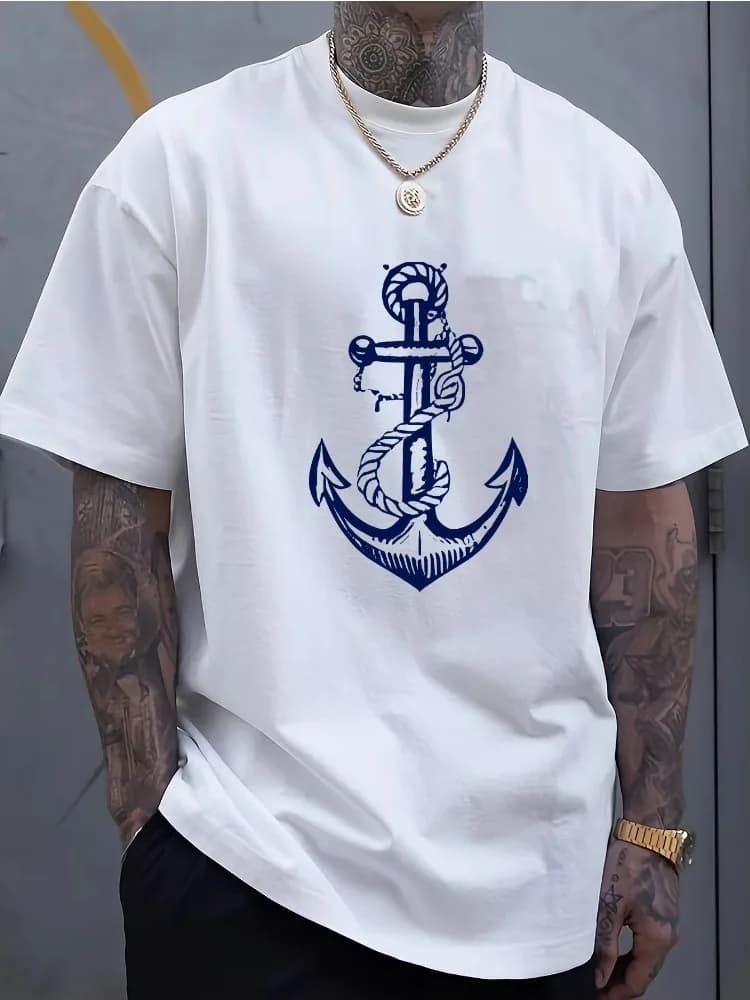 T-shirt da uomo estiva in cotone 100% alla moda, casual, sportiva, ampia, con stampa a fantasia ancora e ancora marina, girocollo, a maniche corte