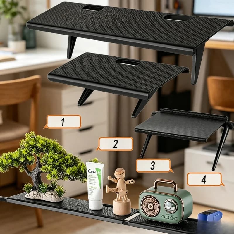 Adjustable TV & Monitor Top Shelf, Desktop Screen Storage Rack for Media Box & Router, Home Organizer
