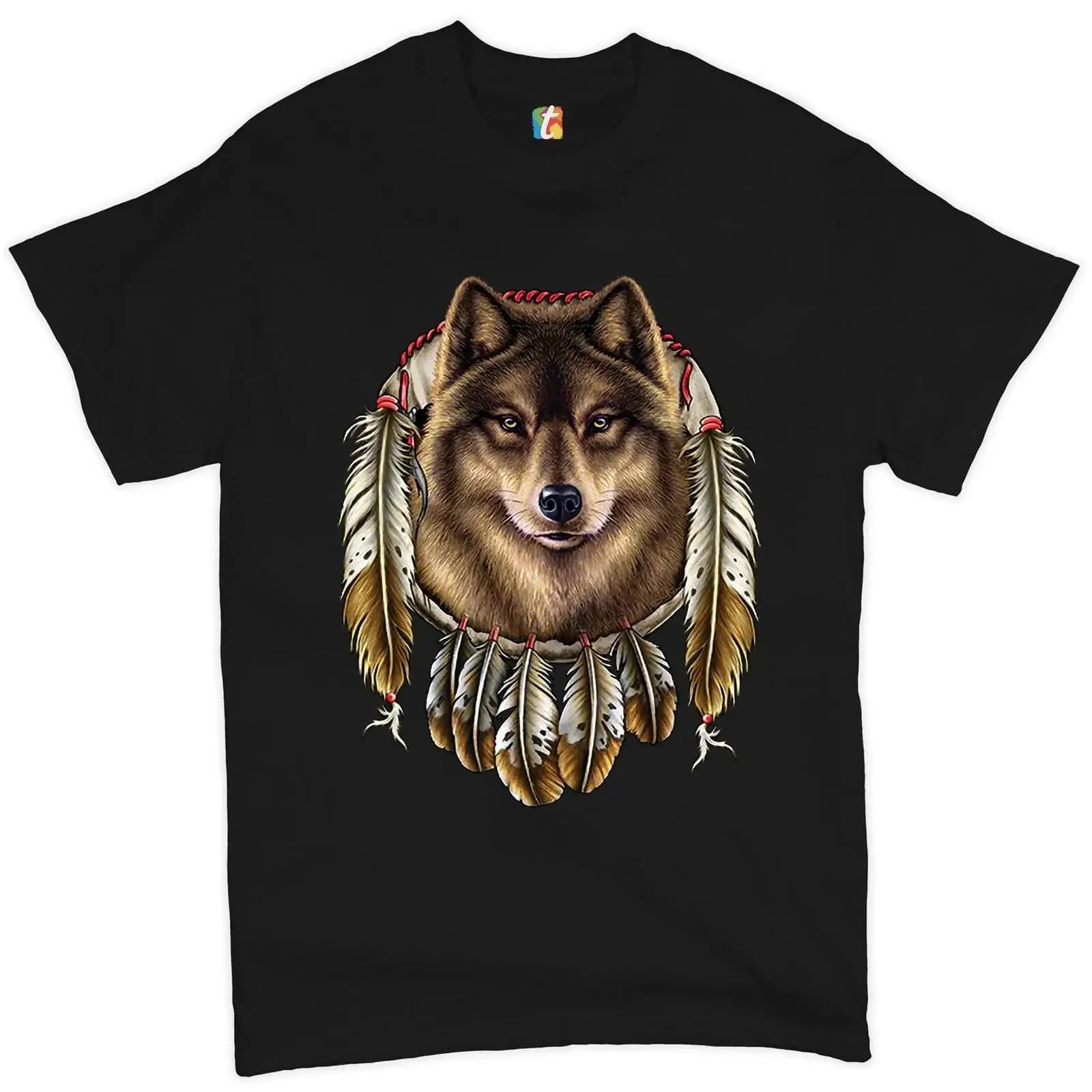 Wolf Spirit T Shirt Indian Dreamcatcher Indigenous Men's vintage Washed Casual homme fashion Comfortable designer clothes