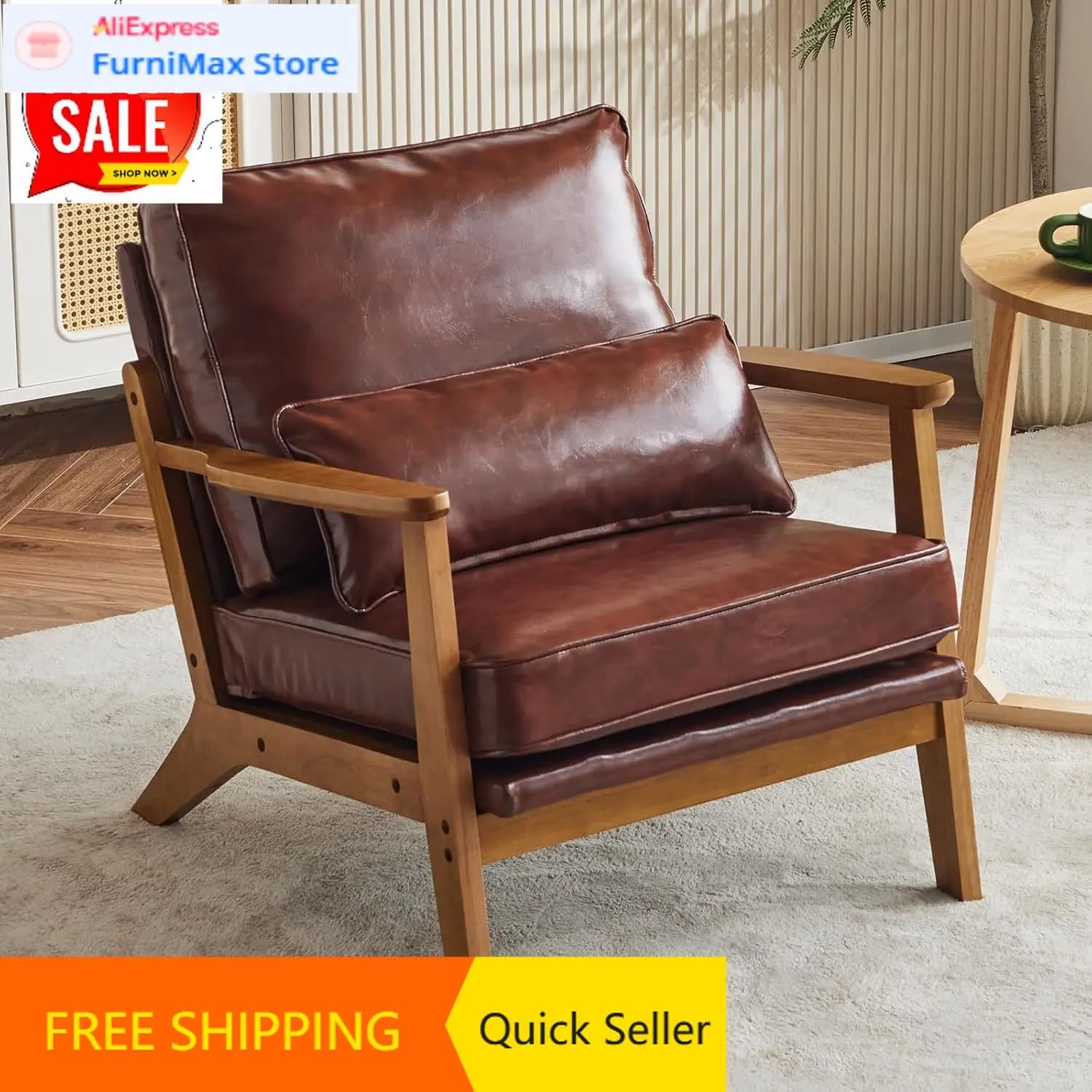 Poltrona Accent con Braccioli Larghi, Sedia Lounge Mid-Century in Pelle PU con Cuscino Lombare e Struttura in Legno Massello per Soggiorno, Be
