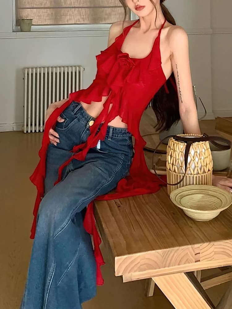 Sexy Y2k Vintage Sottile Strape Ruffle Halter Crop Top Donna Backless Basic T-shirt senza maniche Off spalla Club Party Lady Tees