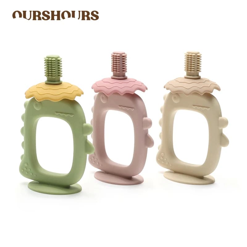 Spazzolino da denti giocattolo per dentizione in silicone per dinosauro per bambini, senza BPA, facile da tenere, giocattoli da masticare per neonati, regali per ragazze, accessori per neonati
