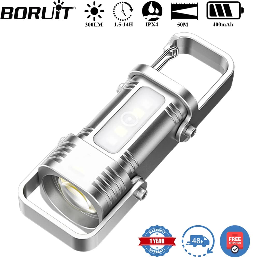 BORUiT 300LM Portachiavi Torcia LED Tipo-c Ricaricabile 400mAh Torcia Lanterna da campeggio impermeabile per esterni