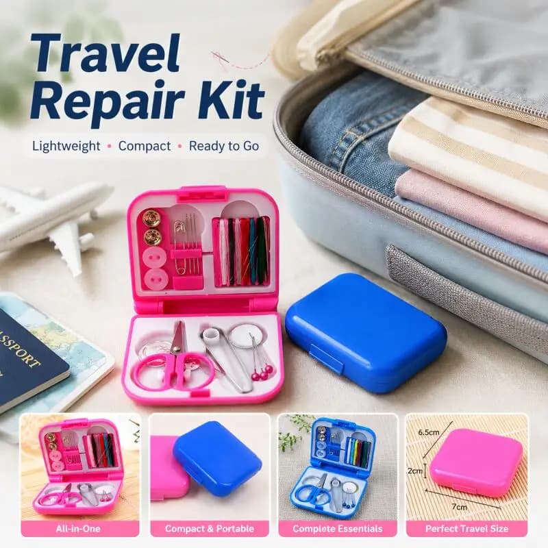 Foldable Portable Mini Sewing Kit Box, Home Travel Sewing Pouch with Needle Threads Scissor Tools, DIY Apparel Craft Accessories