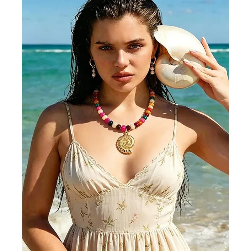 Candy Multicolor Swirl Disc Bead Choker Gold Fish Pendant Adjustable Extension Chain Necklace Y2K Bohemian Holiday Ladies Jewelr