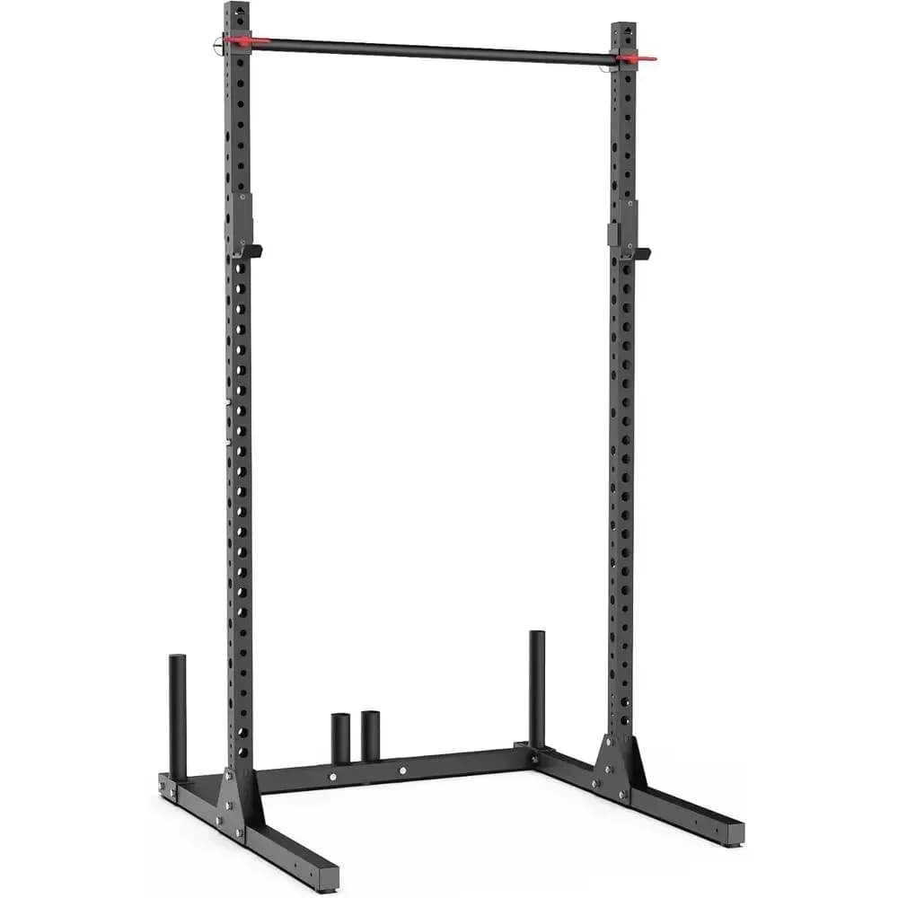 Heavy-Duty 750lb Capacity Squat Rack with Adjustable Pull-Up Bar, J-Cups, and Storage - Home Gym Rack, Available in Black or Red