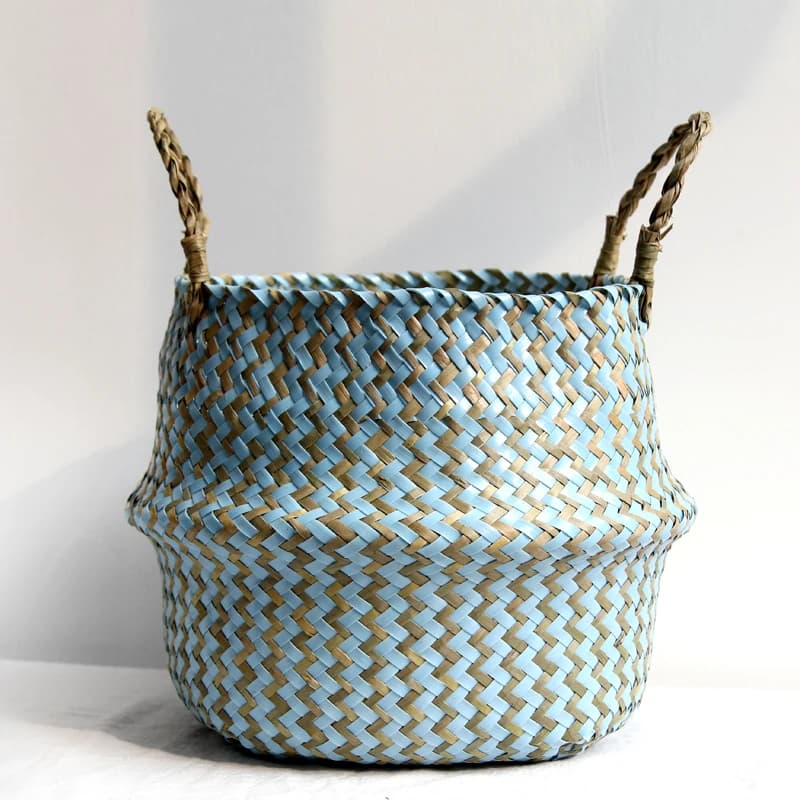 Boho striped wicker baskets, handmade, foldable, for linen, patchwork, with algae decorations and flowers, garden vase